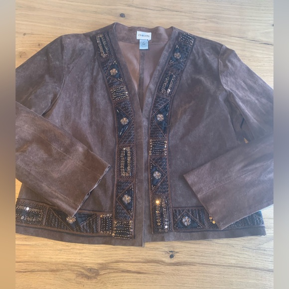 Chico’s Suede Leather Sequin Bolero Jacket Brown Women’s Size 1 Preloved‎ - Picture 1 of 9